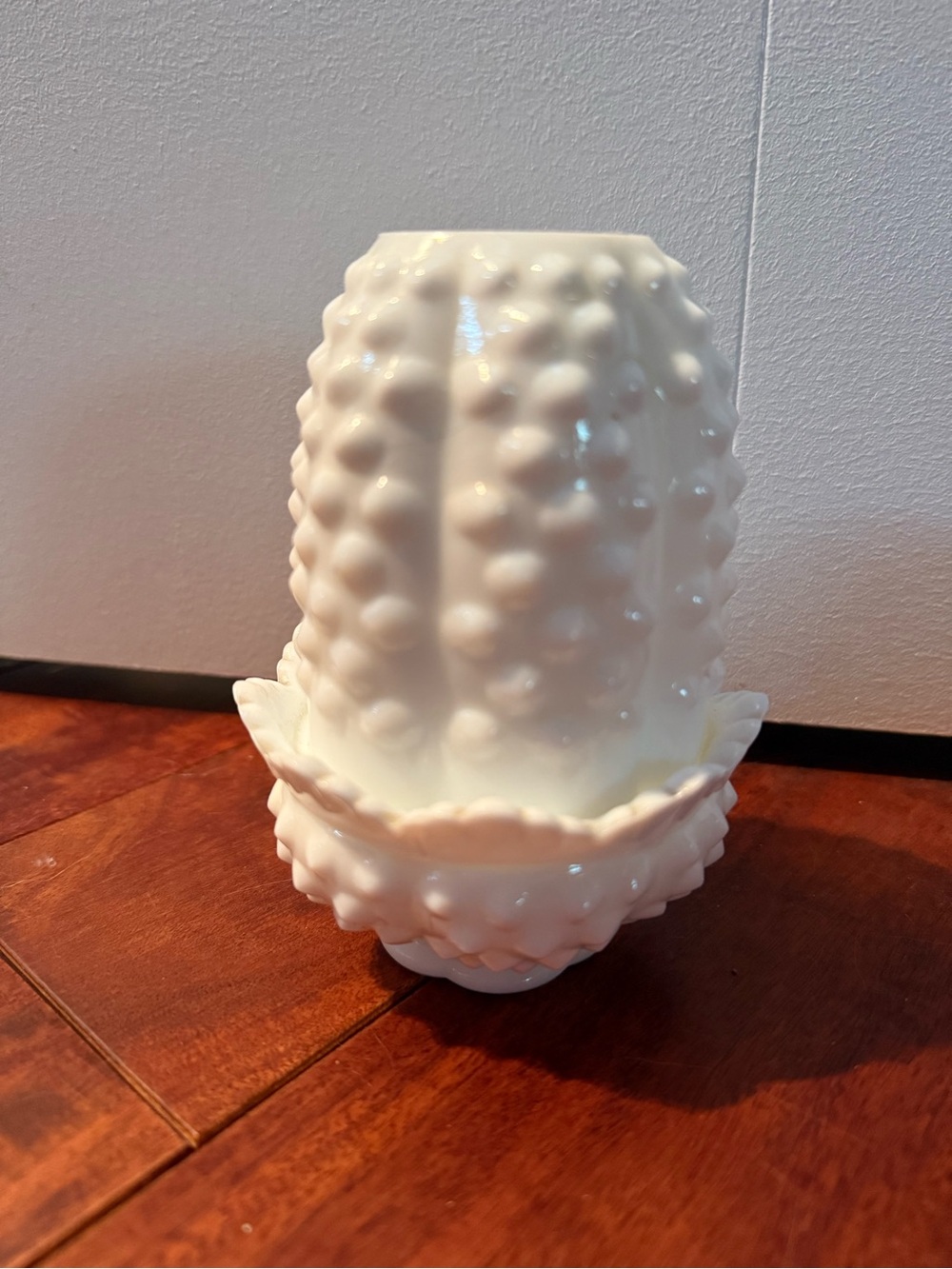 White Fenton Hobnail Milk Glass fairy lamp with Ruffled Edge
